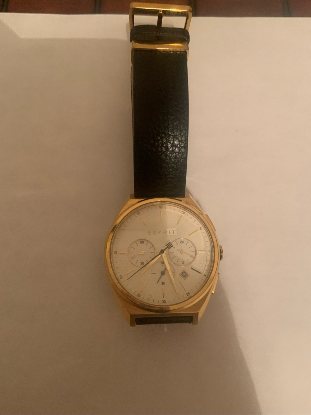 Esprit Gold and Black Leather Chronograph Watch with White Dial